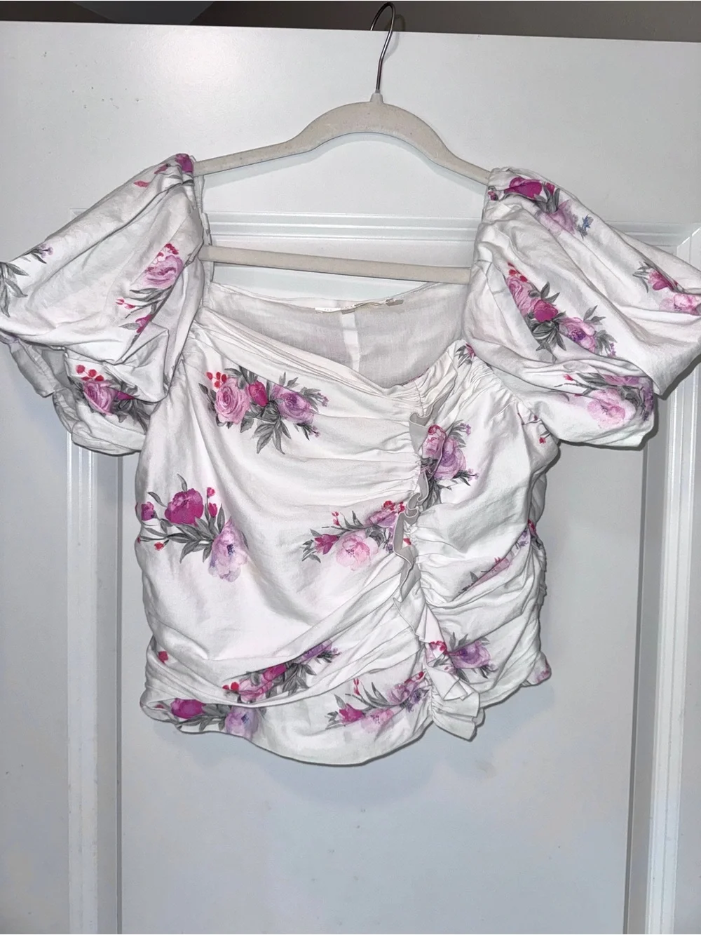 LoveShackFancy Dalima White Top Puff-Sleeve Floral Ruched Ruffled Puff 8